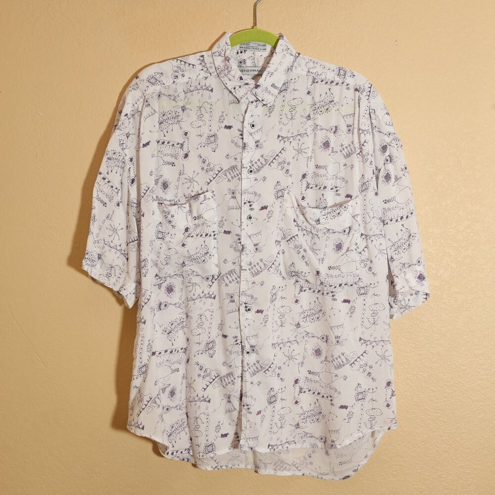 Generra Scribbles White Rayon Button Up (M)